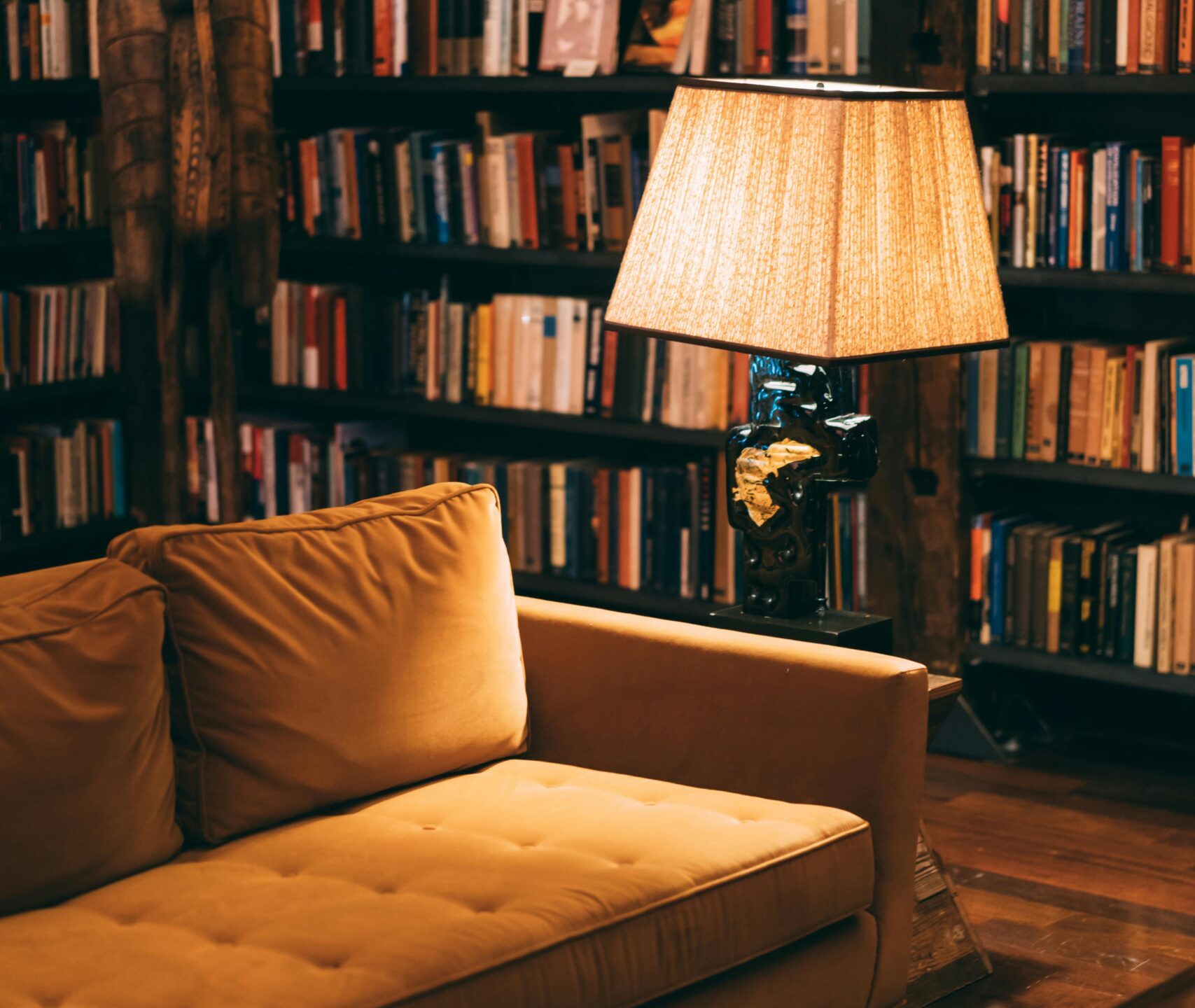 Warm and inviting library scene featuring a cozy couch, bookshelves, and a lamp for ambient lighting.